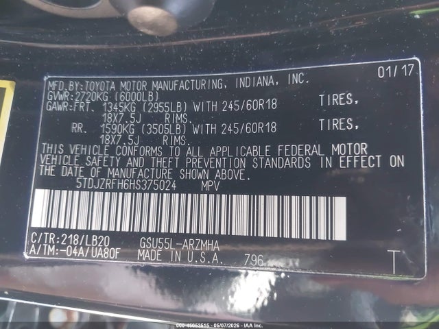 Продаж на аукціоні авто 2017 Toyota Highlander Xle, vin: 5TDJZRFH6HS375024, номер лоту: 45053515