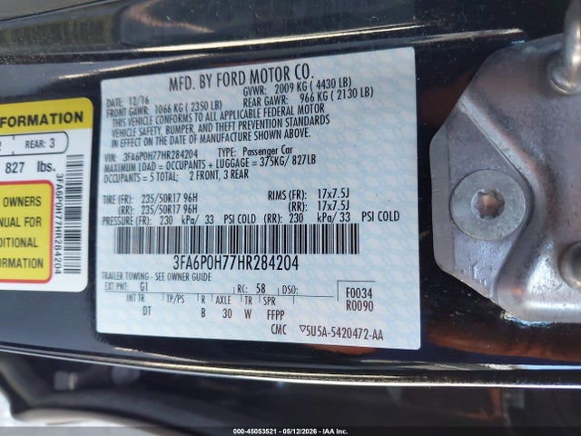 Ford FUSION SE 2017 3FA6P0H77HR284204 Image 9