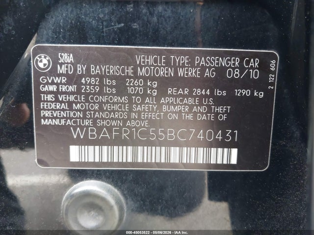 Aukcja sprzedaży 2011 Bmw 528i, vin: WBAFR1C55BC740431, numer aukcji: 45053522