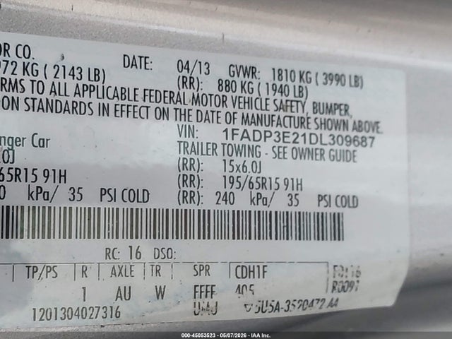 2013 Ford Focus S მანქანა იყიდება აუქციონზე, vin: 1FADP3E21DL309687, აუქციონის ნომერი: 45053523