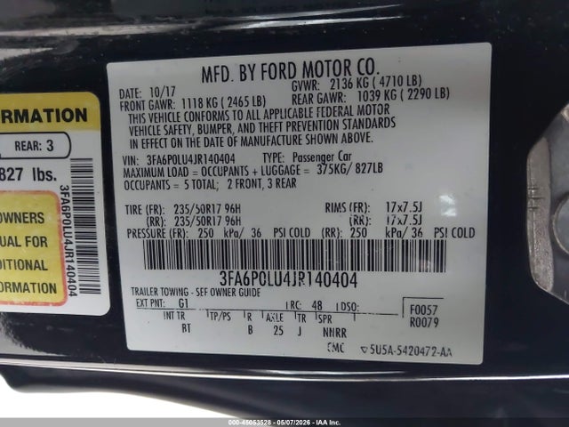 2018 Ford Fusion Hybrid Se მანქანა იყიდება აუქციონზე, vin: 3FA6P0LU4JR140404, აუქციონის ნომერი: 45053528