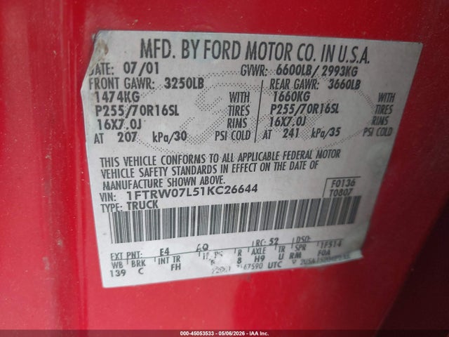 45053533 :رقم المزاد ، 1FTRW07L51KC26644 vin ، 2001 Ford F-150 Harley-davidson Edition/king Ranch Edition/lariat/xlt مزاد بيع