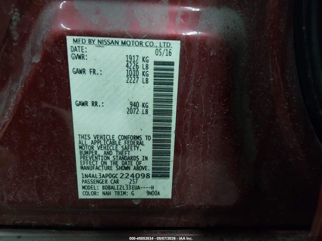 Aukcja sprzedaży 2016 Nissan Altima 2.5 Sv, vin: 1N4AL3AP0GC224098, numer aukcji: 45053534