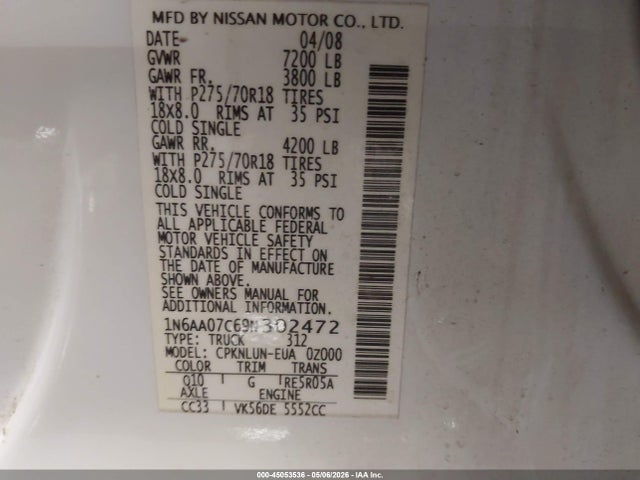 2009 Nissan Titan Pro-4x მანქანა იყიდება აუქციონზე, vin: 1N6AA07C69N302472, აუქციონის ნომერი: 45053536