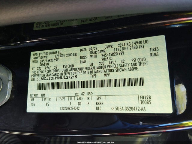 Продаж на аукціоні авто 2022 Lincoln Corsair Reserve, vin: 5LMCJ2DH1NUL27215, номер лоту: 45053540