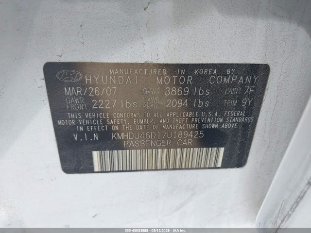 45053589 :رقم المزاد ، KMHDU46D17U189425 vin ، 2007 Hyundai Elantra Gls/limited/se مزاد بيع