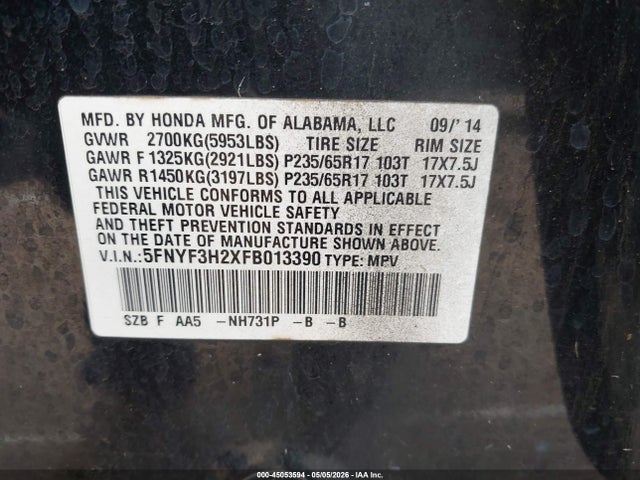 2015 Honda Pilot Lx მანქანა იყიდება აუქციონზე, vin: 5FNYF3H2XFB013390, აუქციონის ნომერი: 45053594
