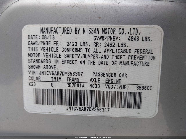 2013 Infiniti G37x მანქანა იყიდება აუქციონზე, vin: JN1CV6AR7DM356347, აუქციონის ნომერი: 45053597