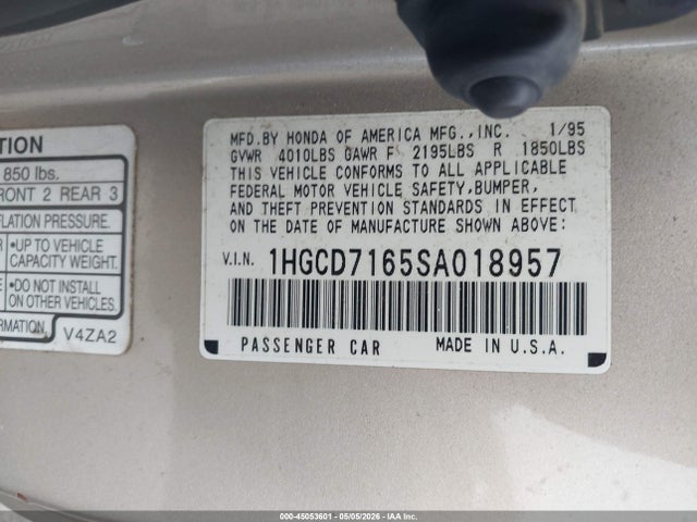 1995 Honda Accord Ex მანქანა იყიდება აუქციონზე, vin: 1HGCD7165SA018957, აუქციონის ნომერი: 45053601