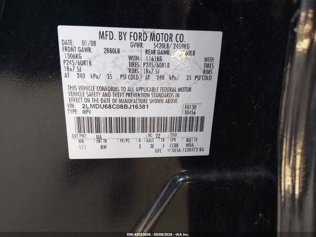 45053606 :رقم المزاد ، 2LMDU68C08BJ16381 vin ، 2008 Lincoln Mkx مزاد بيع