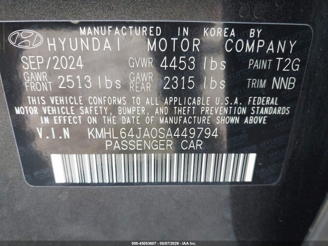 45053607 :رقم المزاد ، KMHL64JA0SA449794 vin ، 2025 Hyundai Sonata Sel مزاد بيع