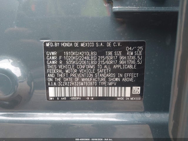 Aukcja sprzedaży 2025 Honda Hr-v Awd Lx, vin: 3CZRZ2H32SM793870, numer aukcji: 45053608