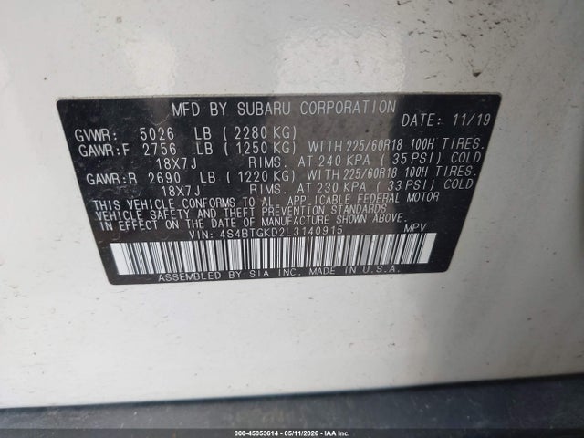 45053614 :رقم المزاد ، 4S4BTGKD2L3140915 vin ، 2020 Subaru Outback Onyx Edition Xt مزاد بيع