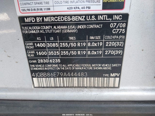45053618 :رقم المزاد ، 4JGBB86E79A444483 vin ، 2009 Mercedes-benz Ml 350 4matic مزاد بيع
