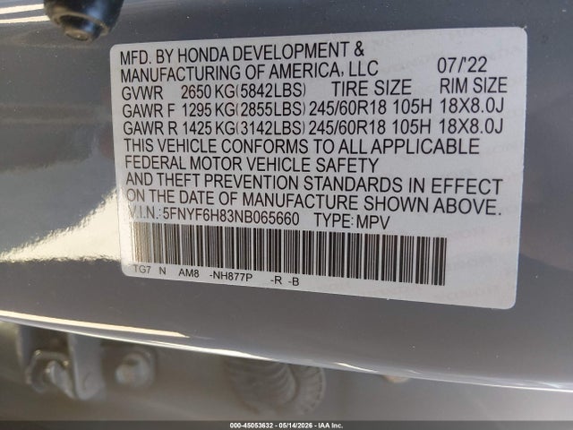 Продажа на аукционе авто 2022 Honda Pilot Awd Trailsport, vin: 5FNYF6H83NB065660, номер лота: 45053632