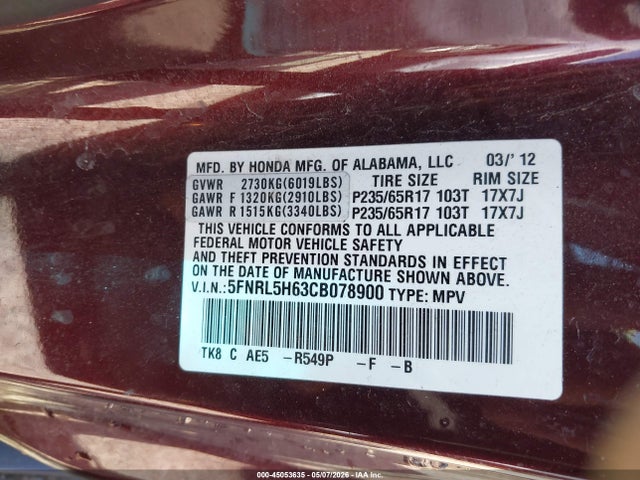 Aukcja sprzedaży 2012 Honda Odyssey Ex-l, vin: 5FNRL5H63CB078900, numer aukcji: 45053635