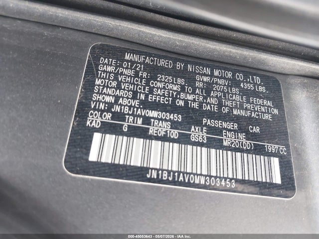 Продажа на аукционе авто 2021 Nissan Rogue Sport S Fwd Xtronic Cvt, vin: JN1BJ1AV0MW303453, номер лота: 45053643
