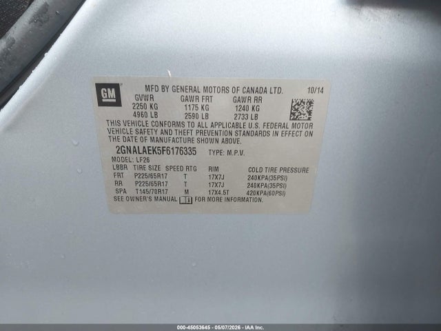 Aukcja sprzedaży 2015 Chevrolet Equinox Ls, vin: 2GNALAEK5F6176335, numer aukcji: 45053645