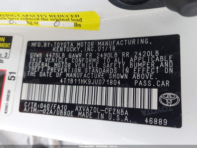 Aukcja sprzedaży 2018 Toyota Camry Le, vin: 4T1B11HK9JU071804, numer aukcji: 45053650