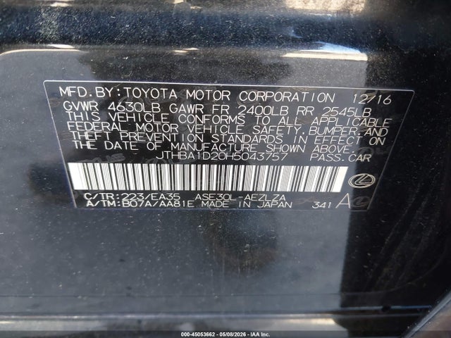 45053662 :رقم المزاد ، JTHBA1D20H5043757 vin ، 2017 Lexus Is 200t مزاد بيع