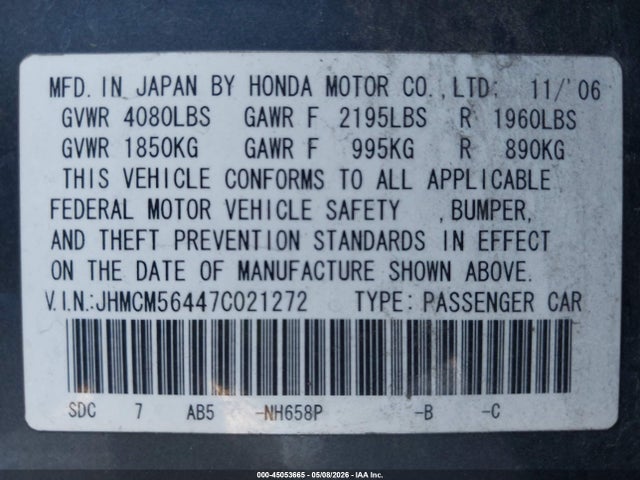 Продаж на аукціоні авто 2007 Honda Accord 2.4 Lx, vin: JHMCM56447C021272, номер лоту: 45053665