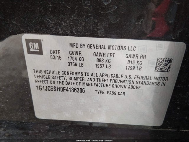 Aukcja sprzedaży 2015 Chevrolet Sonic Lt Auto, vin: 1G1JC5SH0F4186306, numer aukcji: 45053669