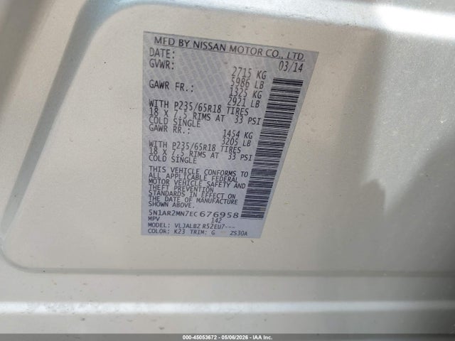 Aukcja sprzedaży 2014 Nissan Pathfinder S, vin: 5N1AR2MN7EC676958, numer aukcji: 45053672