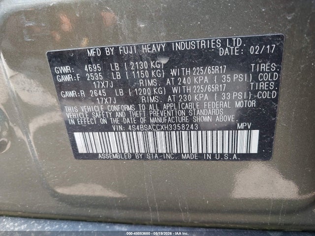Aukcja sprzedaży 2017 Subaru Outback 2.5i Premium, vin: 4S4BSACCXH3358243, numer aukcji: 45053680