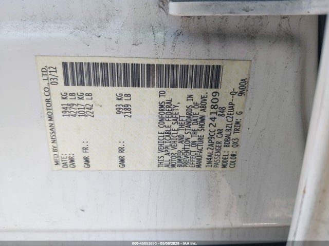 Aukcja sprzedaży 2012 Nissan Altima 2.5 S, vin: 1N4AL2AP9CC241809, numer aukcji: 45053693