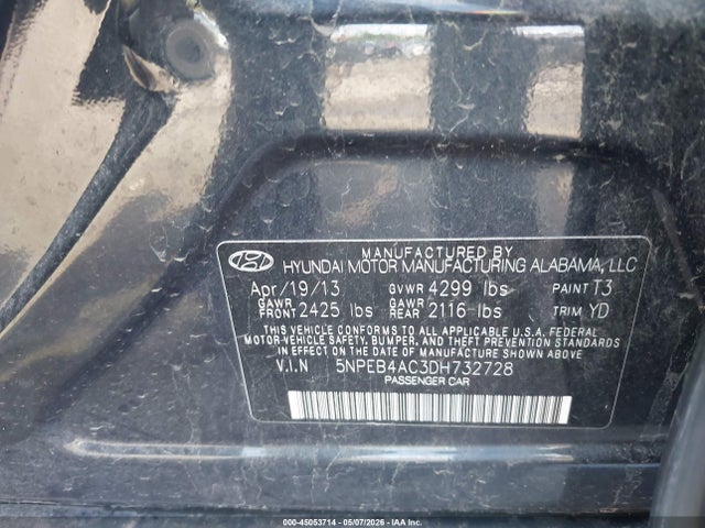 45053714 :رقم المزاد ، 5NPEB4AC3DH732728 vin ، 2013 Hyundai Sonata Gls مزاد بيع