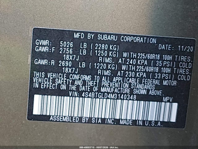 Aukcja sprzedaży 2021 Subaru Outback Onyx Edition Xt, vin: 4S4BTGLD4M3140348, numer aukcji: 45053715