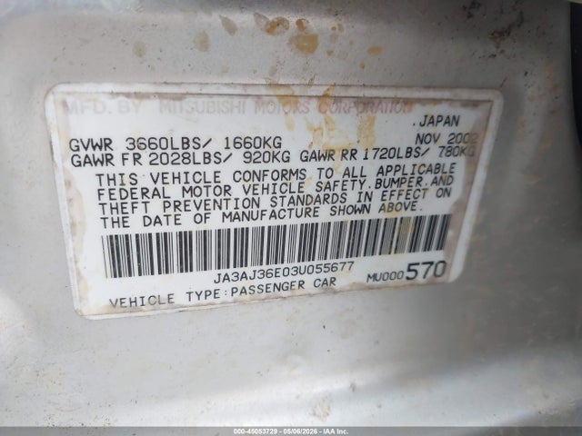 Aukcja sprzedaży 2003 Mitsubishi Lancer Ls, vin: JA3AJ36E03U055677, numer aukcji: 45053729