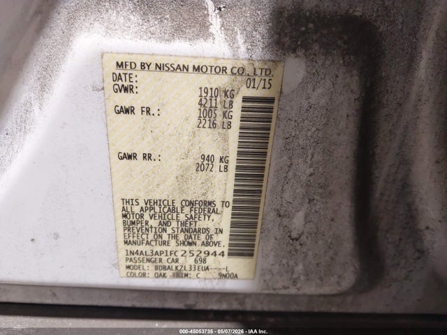 2015 Nissan Altima 2.5 Sv მანქანა იყიდება აუქციონზე, vin: 1N4AL3AP1FC252944, აუქციონის ნომერი: 45053735