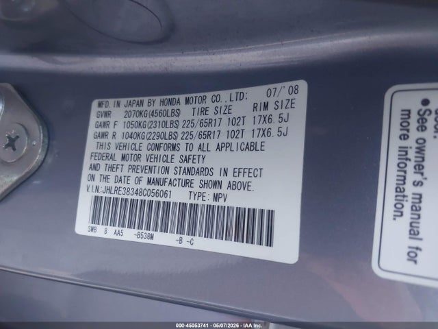 45053741 :رقم المزاد ، JHLRE38348C056061 vin ، 2008 Honda Cr-v Lx مزاد بيع