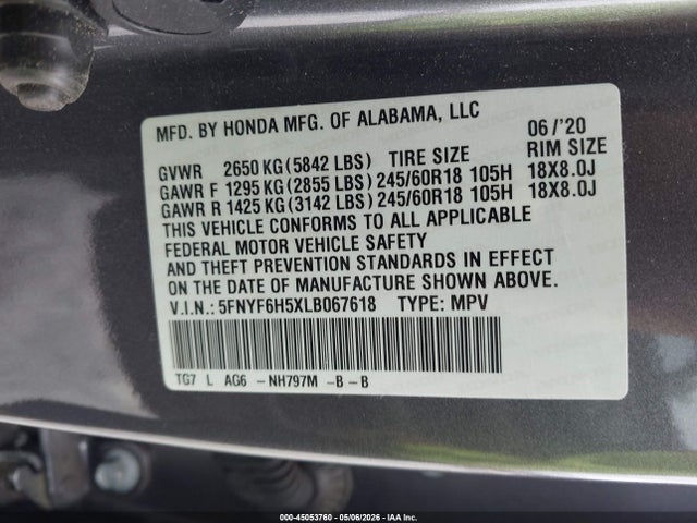 5FNYF6H5XLB067618 Honda Pilot Awd Ex-l