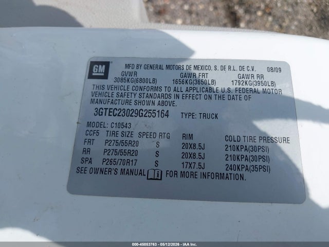 Aukcja sprzedaży 2009 Gmc Sierra 1500 Sle, vin: 3GTEC23029G255164, numer aukcji: 45053763