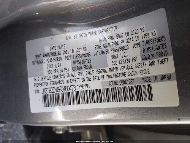 2015 Mazda Cx-9 Grand Touring მანქანა იყიდება აუქციონზე, vin: JM3TB3DV8F0460473, აუქციონის ნომერი: 45053765