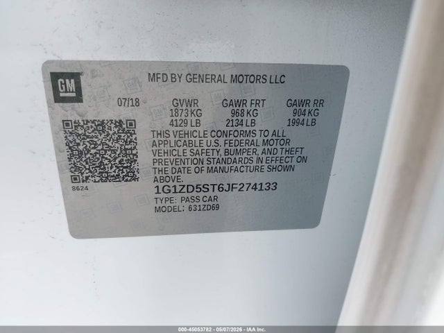 45053782 :رقم المزاد ، 1G1ZD5ST6JF274133 vin ، 2018 Chevrolet Malibu Lt مزاد بيع