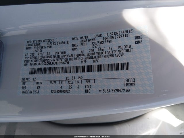 1FMCU9GD6JUD08679 Ford ESCAPE SE