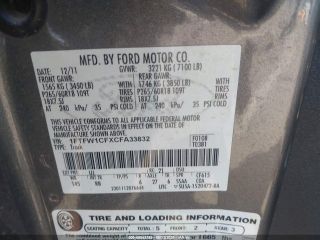 Продажа на аукционе авто 2012 Ford F-150 Fx2, vin: 1FTFW1CFXCFA33832, номер лота: 45053785
