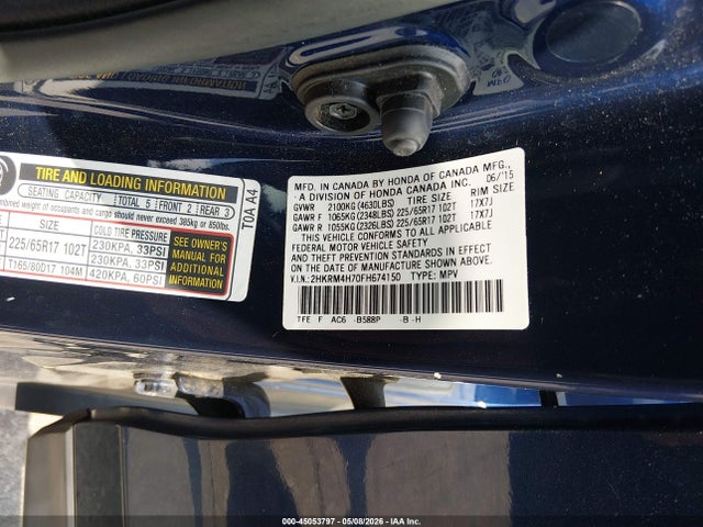 2015 Honda Cr-v Ex-l მანქანა იყიდება აუქციონზე, vin: 2HKRM4H70FH674150, აუქციონის ნომერი: 45053797