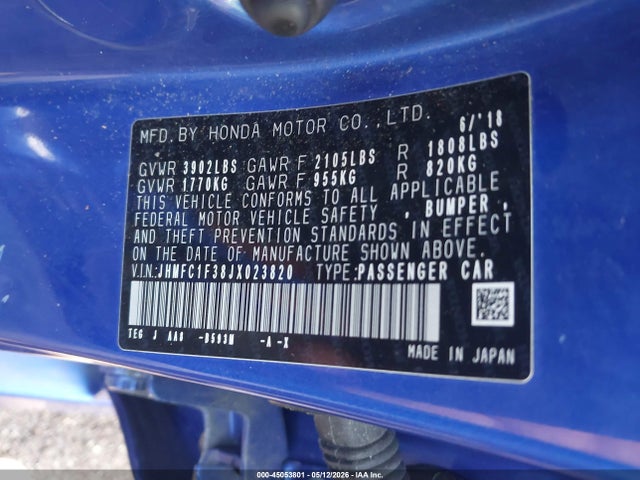 Aukcja sprzedaży 2018 Honda Civic Ex-t, vin: JHMFC1F38JX023820, numer aukcji: 45053801