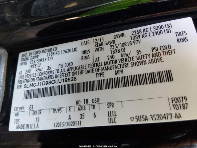 2016 Lincoln Mkc Premier მანქანა იყიდება აუქციონზე, vin: 5LMCJ1D98GUJ19628, აუქციონის ნომერი: 45053810