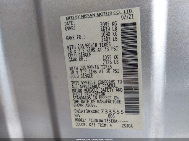 45053818 :رقم المزاد ، 5N1AT3BBXMC733555 vin ، 2021 Nissan Rogue Sv Intelligent Awd مزاد بيع