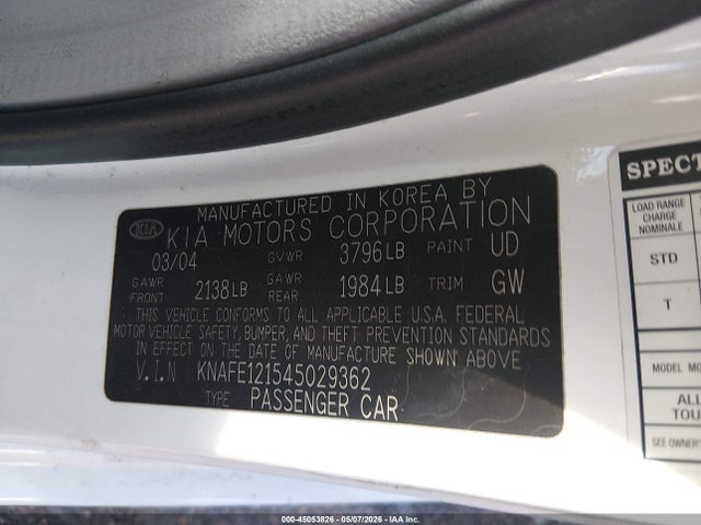 45053826 :رقم المزاد ، KNAFE121545029362 vin ، 2004 Kia Spectra Ex/lx مزاد بيع