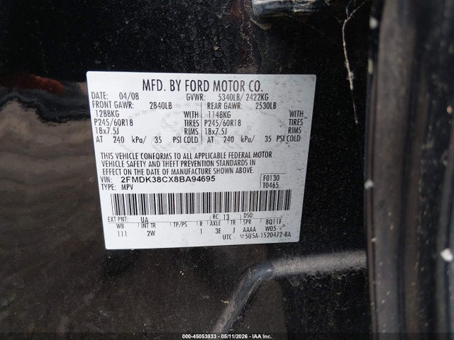 Продаж на аукціоні авто 2008 Ford Edge Sel, vin: 2FMDK38CX8BA94695, номер лоту: 45053833