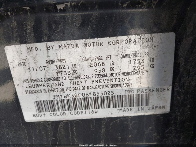 2008 Mazda Mazda3 I მანქანა იყიდება აუქციონზე, vin: JM1BK32F081853025, აუქციონის ნომერი: 45053832