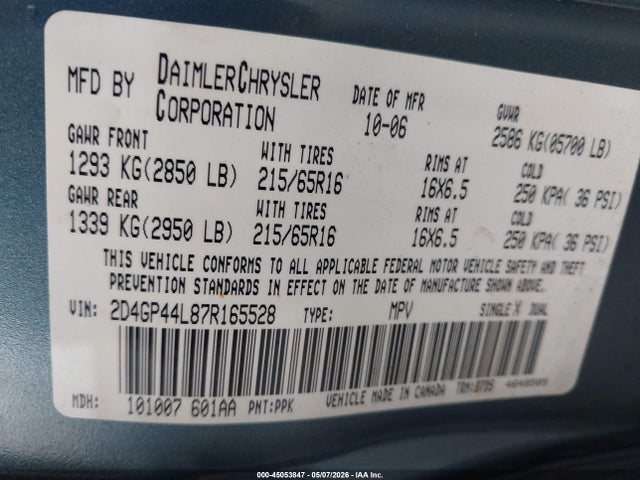 45053847 :رقم المزاد ، 2D4GP44L87R165528 vin ، 2007 Dodge Grand Caravan Sxt مزاد بيع