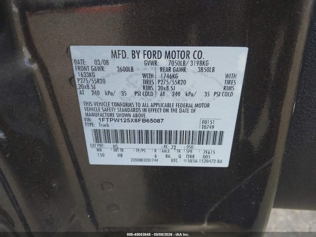 Aukcja sprzedaży 2008 Ford F-150 60th Anniversary/fx2/king Ranch/lariat/limited/xlt, vin: 1FTPW125X8FB65087, numer aukcji: 45053848