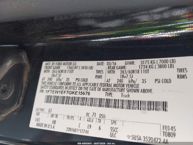 45053851 :رقم المزاد ، 1FTEW1EF7GKE15676 vin ، 2016 Ford F-150 Lariat مزاد بيع